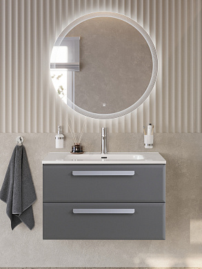 Тумба с керамической раковиной подвесная CEZARES ECO-CER-N 80 Темно-Серый Матовый. Ручки серые, раковина CZR-8073-80+RS156GR.3/320+ECO-CER-N-800-2C-SO-GSO-P