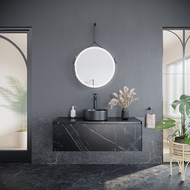 Тумба со столешницей из керамогранита и керамической раковиной подвесная, SANCOS Stone, 120 см Nero Marquina ST120NM+CN6032MB